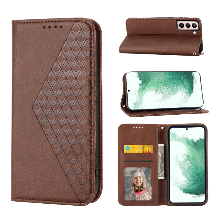 For Samsung Galaxy S21 5G Cubic Grid Calf Texture Magnetic Closure Leather Phone Case