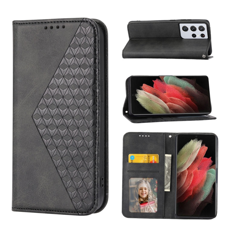 For Samsung Galaxy S21 Ultra 5G Cubic Grid Calf Texture Magnetic Closure Leather Phone Case