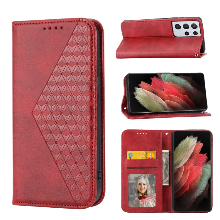 For Samsung Galaxy S21 Ultra 5G Cubic Grid Calf Texture Magnetic Closure Leather Phone Case