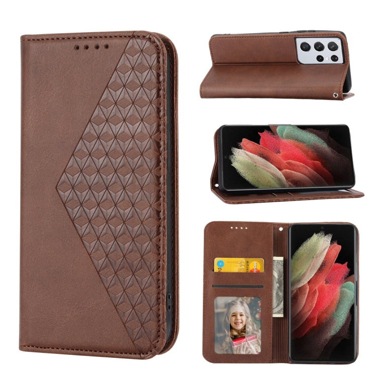 For Samsung Galaxy S21 Ultra 5G Cubic Grid Calf Texture Magnetic Closure Leather Phone Case