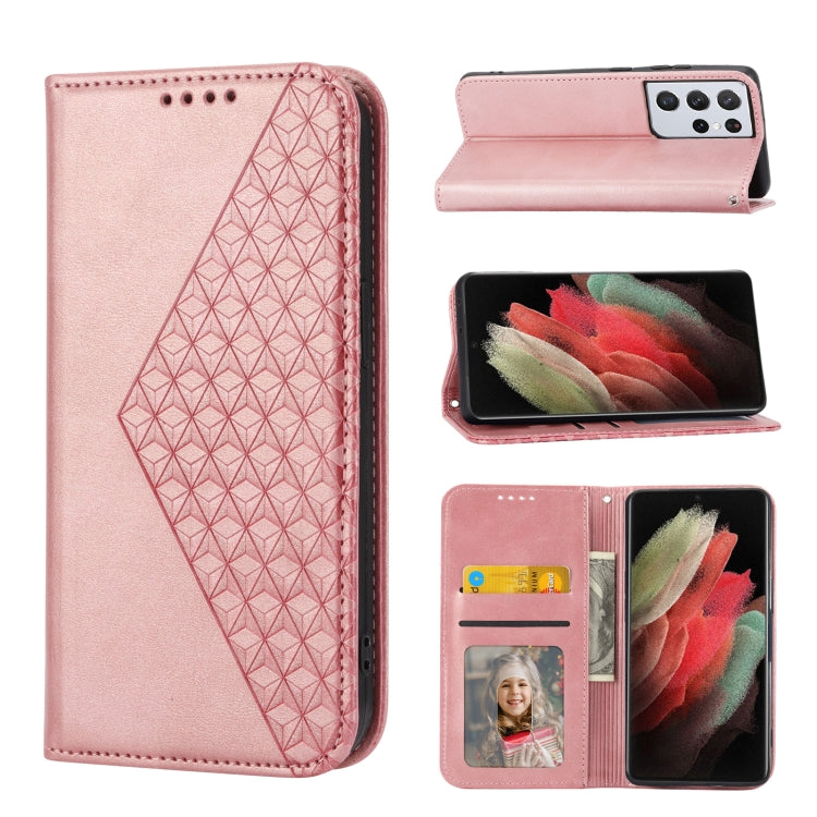 For Samsung Galaxy S21 Ultra 5G Cubic Grid Calf Texture Magnetic Closure Leather Phone Case