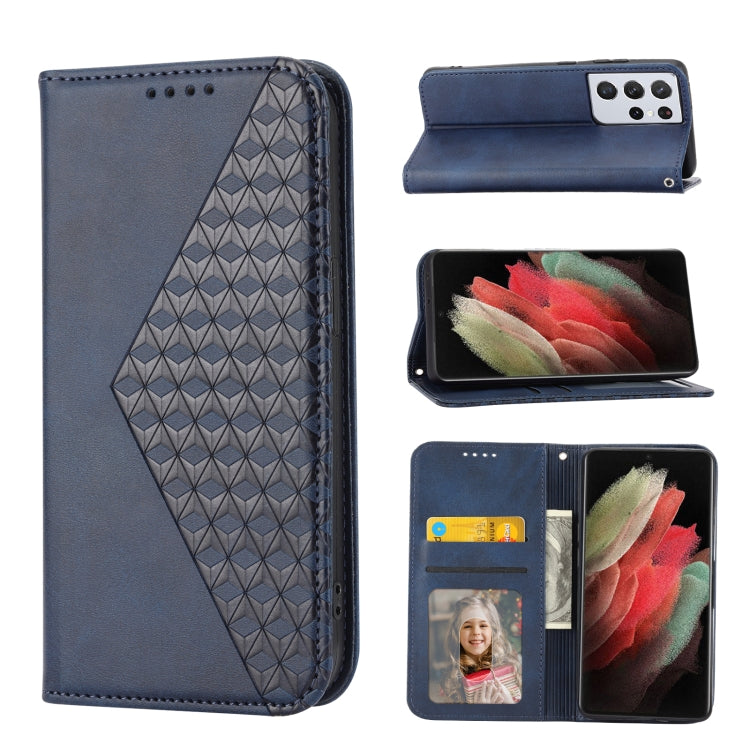 For Samsung Galaxy S21 Ultra 5G Cubic Grid Calf Texture Magnetic Closure Leather Phone Case