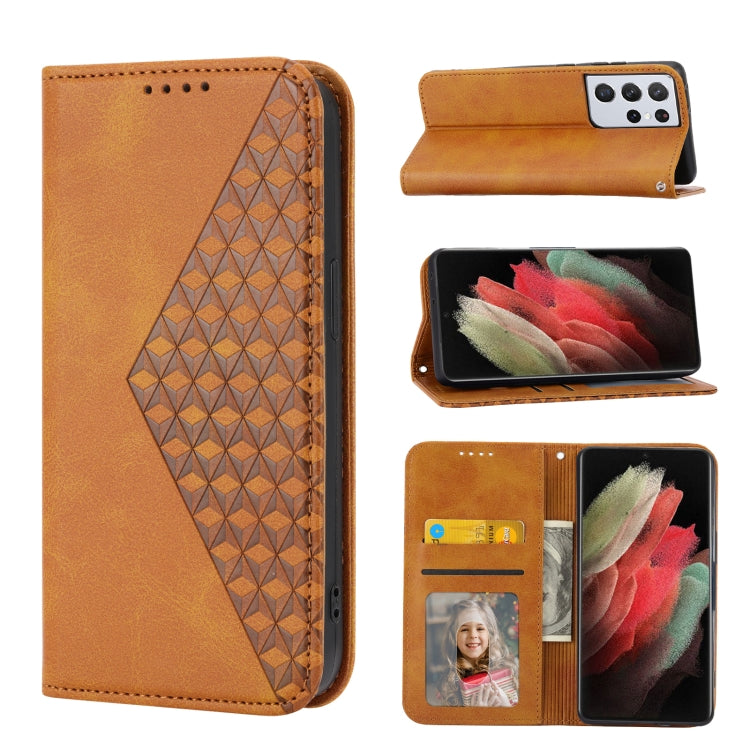 For Samsung Galaxy S21 Ultra 5G Cubic Grid Calf Texture Magnetic Closure Leather Phone Case