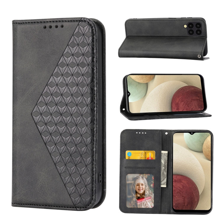 For Samsung Galaxy A12 5G Cubic Grid Calf Texture Magnetic Closure Leather Phone Case
