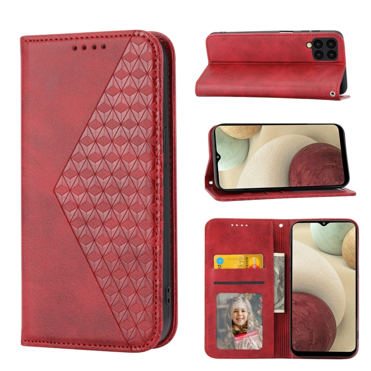 For Samsung Galaxy A12 5G Cubic Grid Calf Texture Magnetic Closure Leather Phone Case