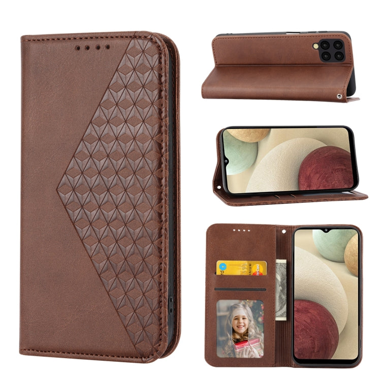 For Samsung Galaxy A12 5G Cubic Grid Calf Texture Magnetic Closure Leather Phone Case