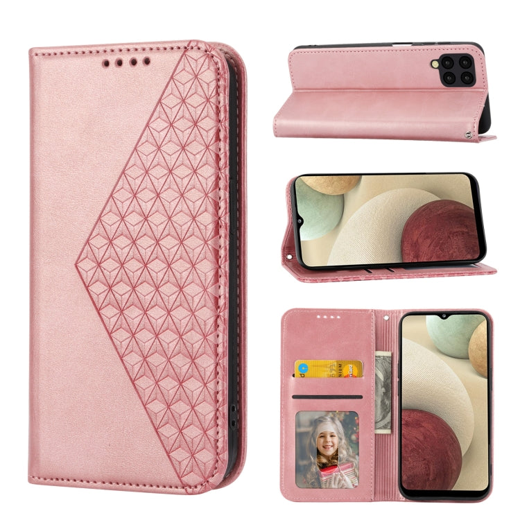 For Samsung Galaxy A12 5G Cubic Grid Calf Texture Magnetic Closure Leather Phone Case