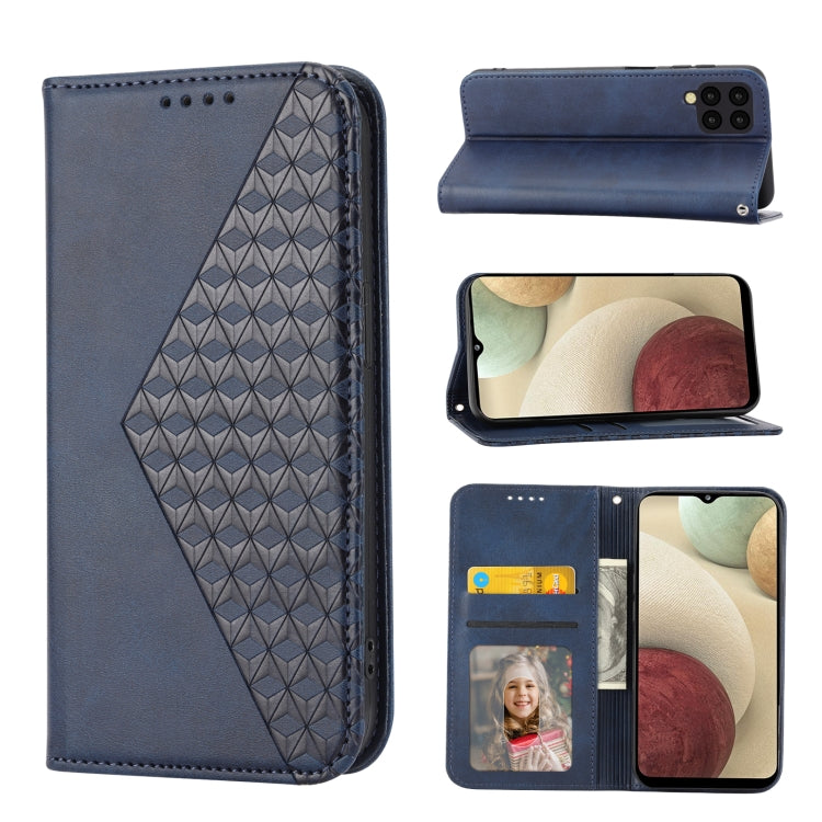 For Samsung Galaxy A12 5G Cubic Grid Calf Texture Magnetic Closure Leather Phone Case