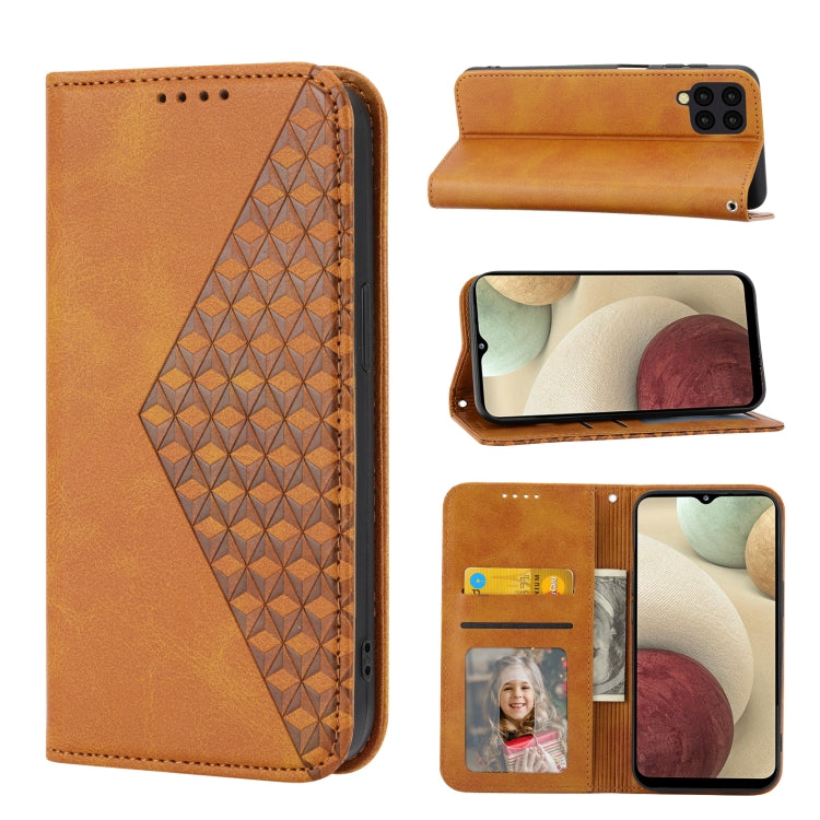 For Samsung Galaxy A12 5G Cubic Grid Calf Texture Magnetic Closure Leather Phone Case