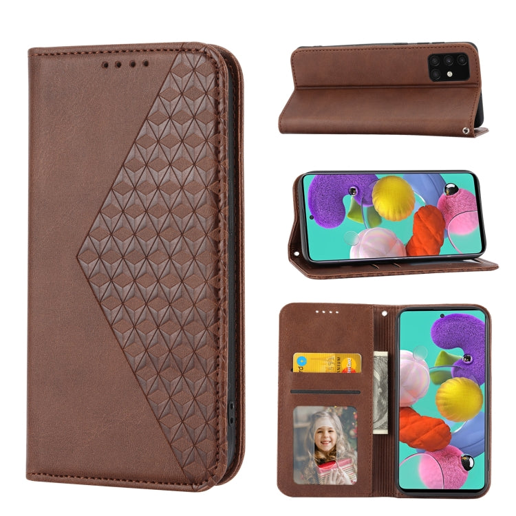 For Samsung Galaxy A71 4G Cubic Grid Calf Texture Magnetic Closure Leather Phone Case