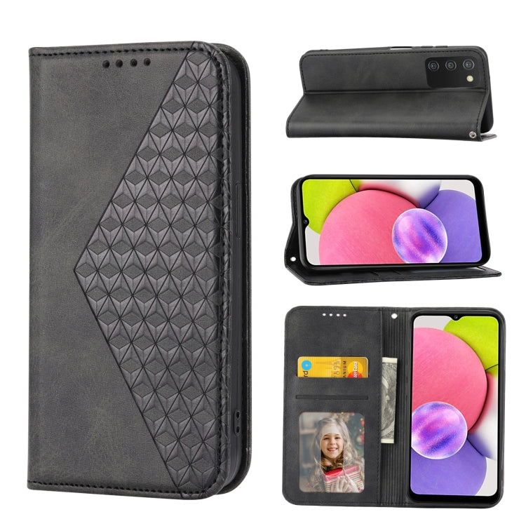 For Samsung Galaxy A03s 166mm Cubic Grid Calf Texture Magnetic Closure Leather Phone Case