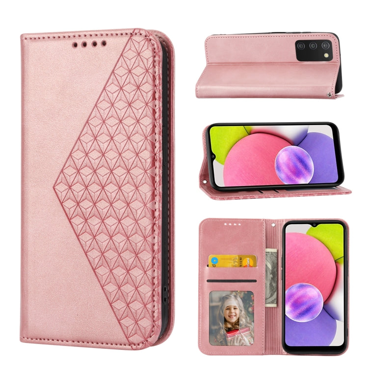 For Samsung Galaxy A03s 166mm Cubic Grid Calf Texture Magnetic Closure Leather Phone Case