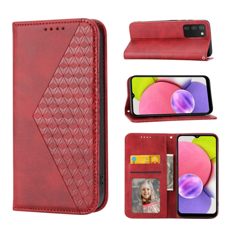 For Samsung Galaxy A03s 165.8mm Cubic Grid Calf Texture Magnetic Closure Leather Phone Case