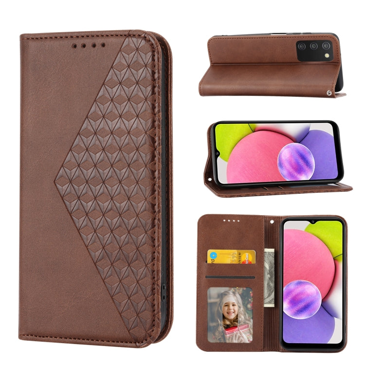 For Samsung Galaxy A03s 165.8mm Cubic Grid Calf Texture Magnetic Closure Leather Phone Case