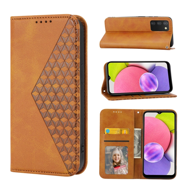 For Samsung Galaxy A03s 165.8mm Cubic Grid Calf Texture Magnetic Closure Leather Phone Case