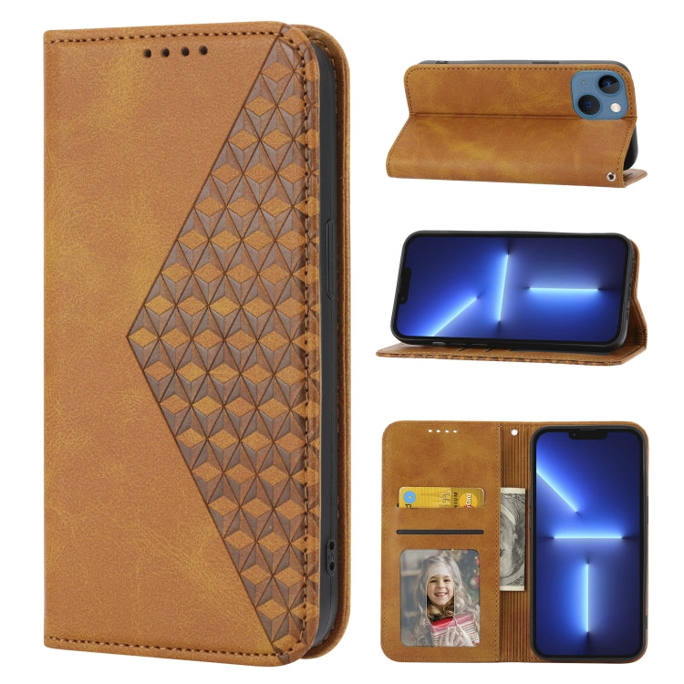 For iPhone 14 Cubic Grid Calf Texture Magnetic Closure Leather Phone Case