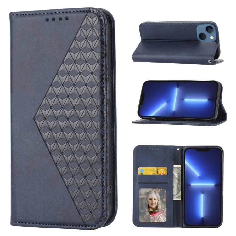 For iPhone 14 Plus Cubic Grid Calf Texture Magnetic Closure Leather Phone Case
