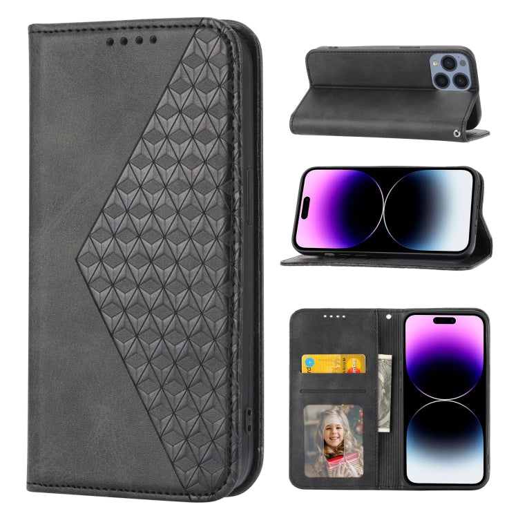 For iPhone 14 Pro Cubic Grid Calf Texture Magnetic Closure Leather Phone Case
