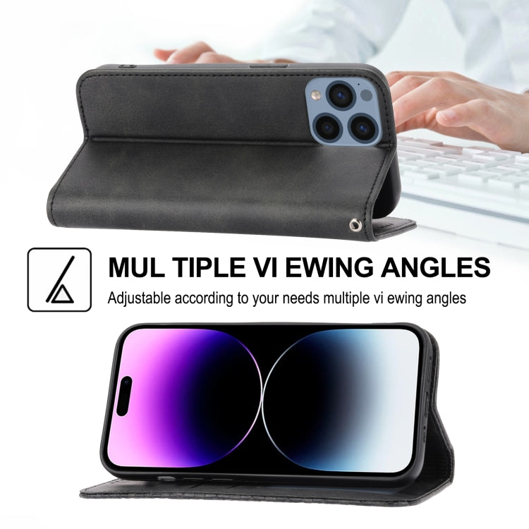 For iPhone 14 Pro Cubic Grid Calf Texture Magnetic Closure Leather Phone Case