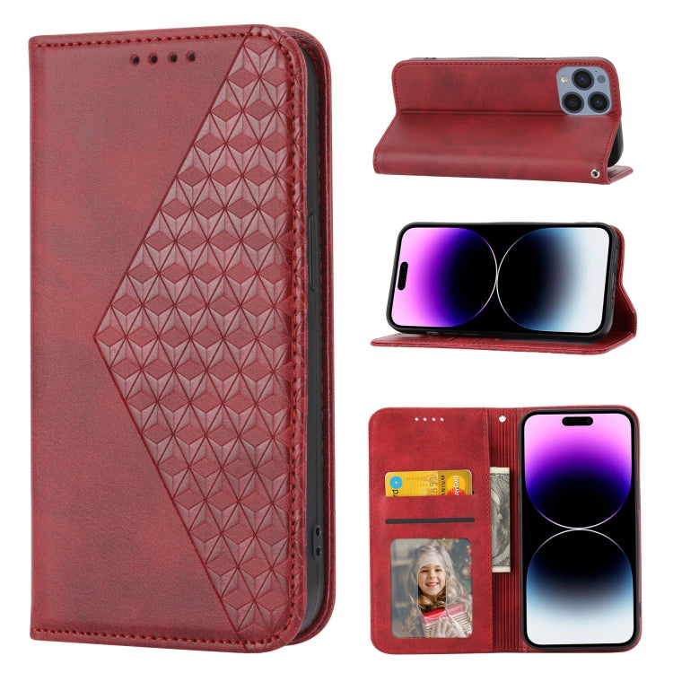 For iPhone 14 Pro Max Cubic Grid Calf Texture Magnetic Closure Leather Phone Case