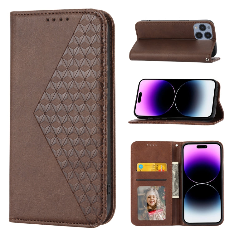 For iPhone 14 Pro Max Cubic Grid Calf Texture Magnetic Closure Leather Phone Case