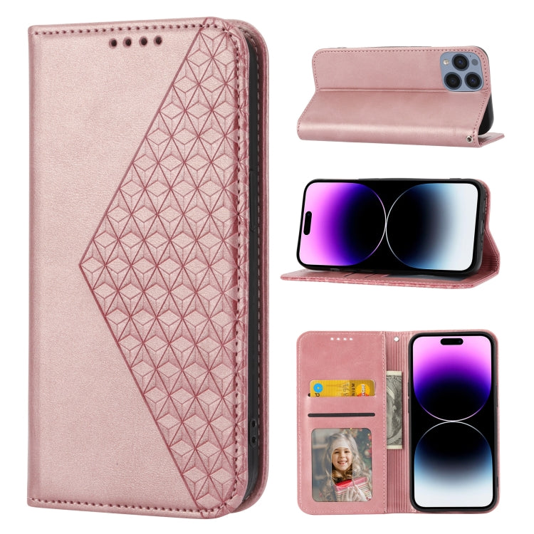 For iPhone 14 Pro Max Cubic Grid Calf Texture Magnetic Closure Leather Phone Case