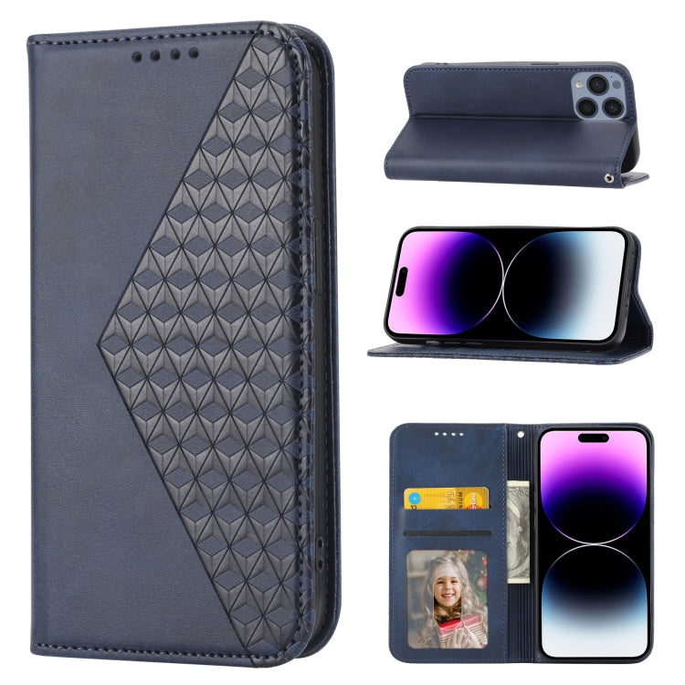 For iPhone 14 Pro Max Cubic Grid Calf Texture Magnetic Closure Leather Phone Case