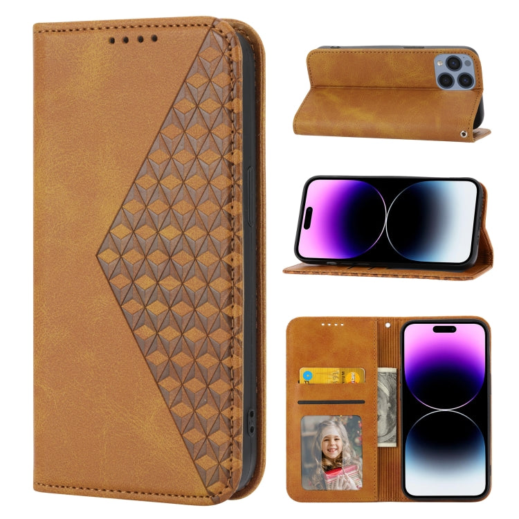 For iPhone 14 Pro Max Cubic Grid Calf Texture Magnetic Closure Leather Phone Case