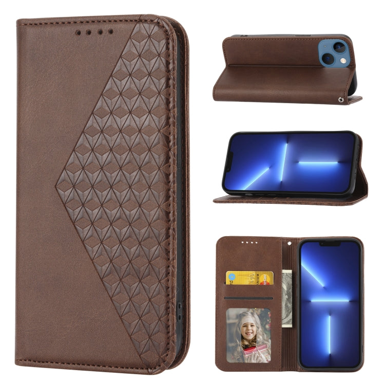 For iPhone 13 mini Cubic Grid Calf Texture Magnetic Closure Leather Phone Case