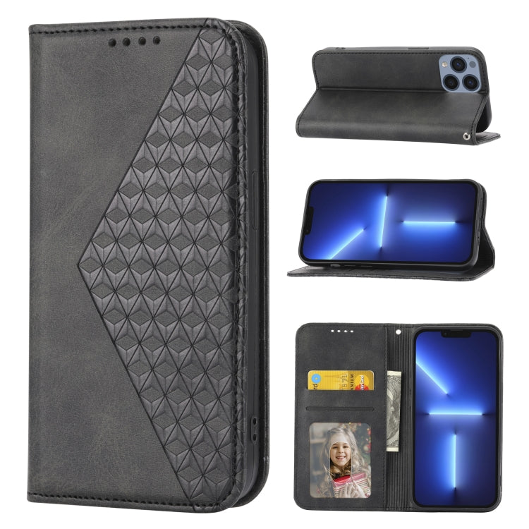 For iPhone 13 Pro Cubic Grid Calf Texture Magnetic Closure Leather Phone Case