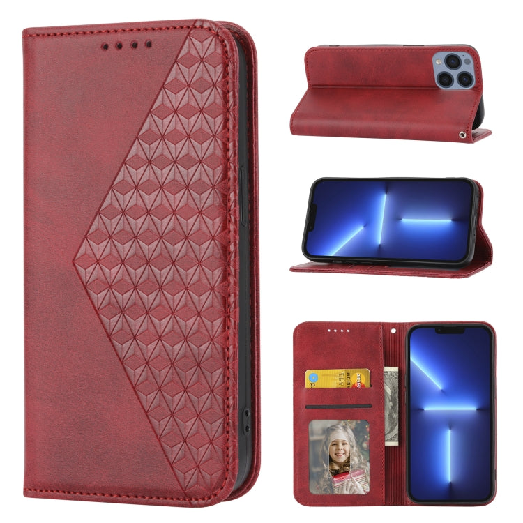 For iPhone 13 Pro Cubic Grid Calf Texture Magnetic Closure Leather Phone Case