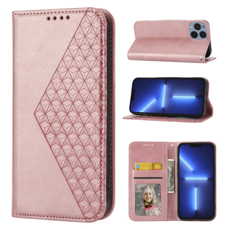 For iPhone 13 Pro Cubic Grid Calf Texture Magnetic Closure Leather Phone Case