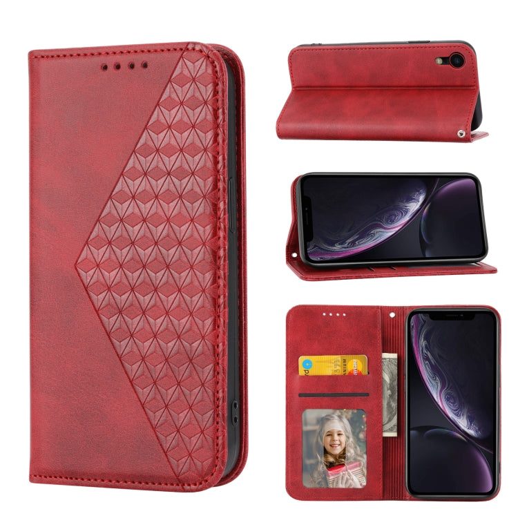 For iPhone XR Cubic Grid Calf Texture Magnetic Closure Leather Phone Case