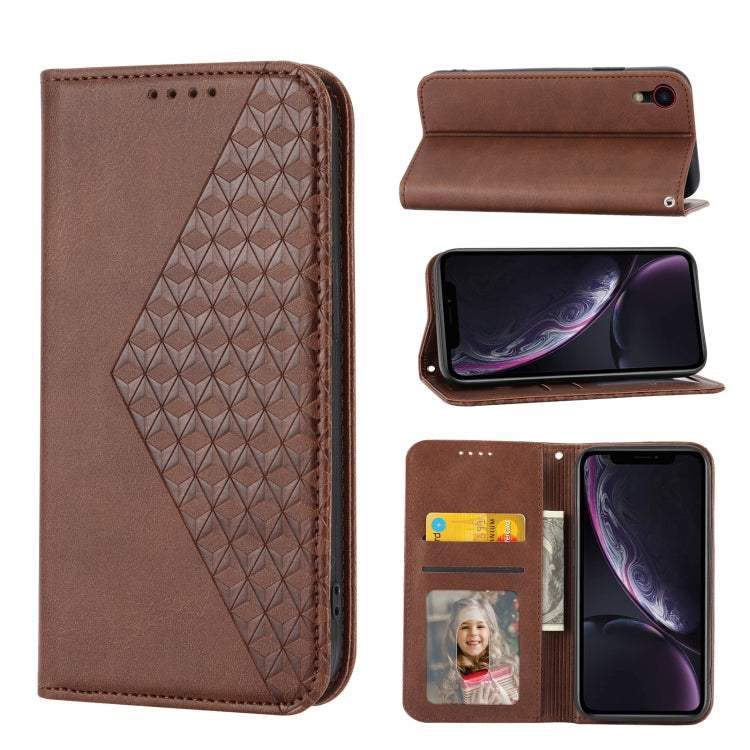 For iPhone XR Cubic Grid Calf Texture Magnetic Closure Leather Phone Case