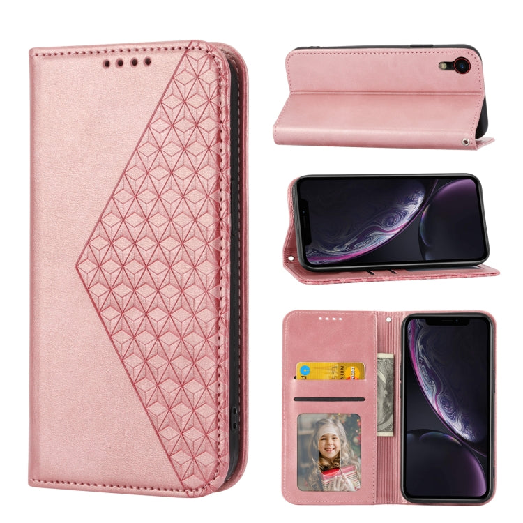 For iPhone XR Cubic Grid Calf Texture Magnetic Closure Leather Phone Case