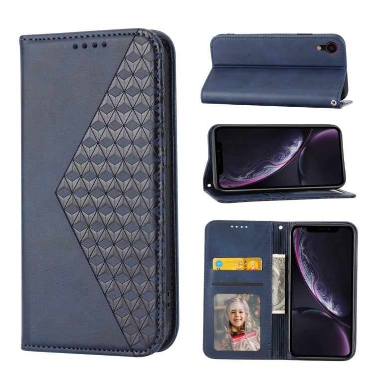 For iPhone XR Cubic Grid Calf Texture Magnetic Closure Leather Phone Case