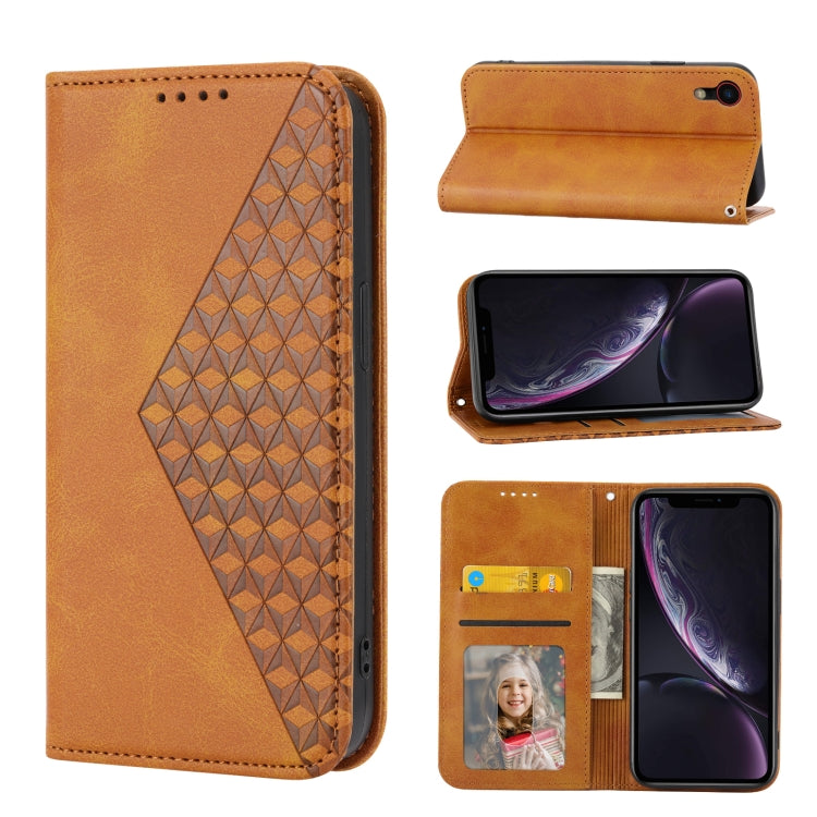 For iPhone XR Cubic Grid Calf Texture Magnetic Closure Leather Phone Case