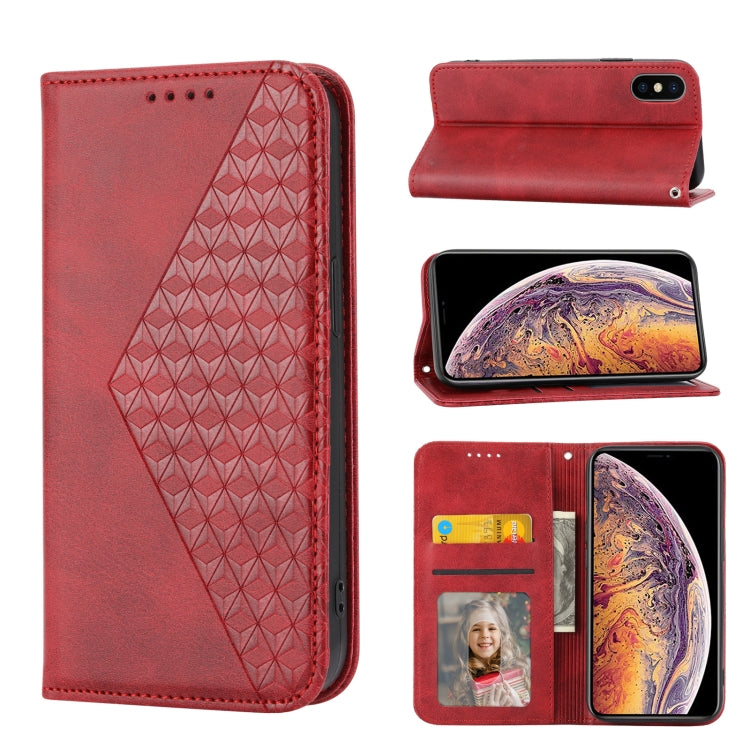 For iPhone XS Max Cubic Grid Calf Texture Magnetic Closure Leather Phone Case