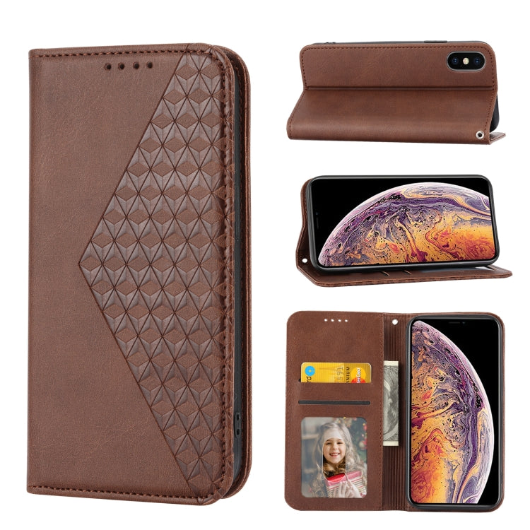 For iPhone XS Max Cubic Grid Calf Texture Magnetic Closure Leather Phone Case