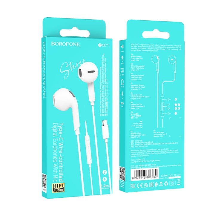 Borofone BM71 1.2m Light Song Type-C Wire-controlled Digital Earphones with Mic