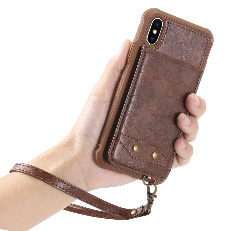 For iPhone X / XS Vertical Flip Shockproof Leather Protective Case with Short Rope, Support Card Slots & Bracket & Photo Holder & Wallet Function