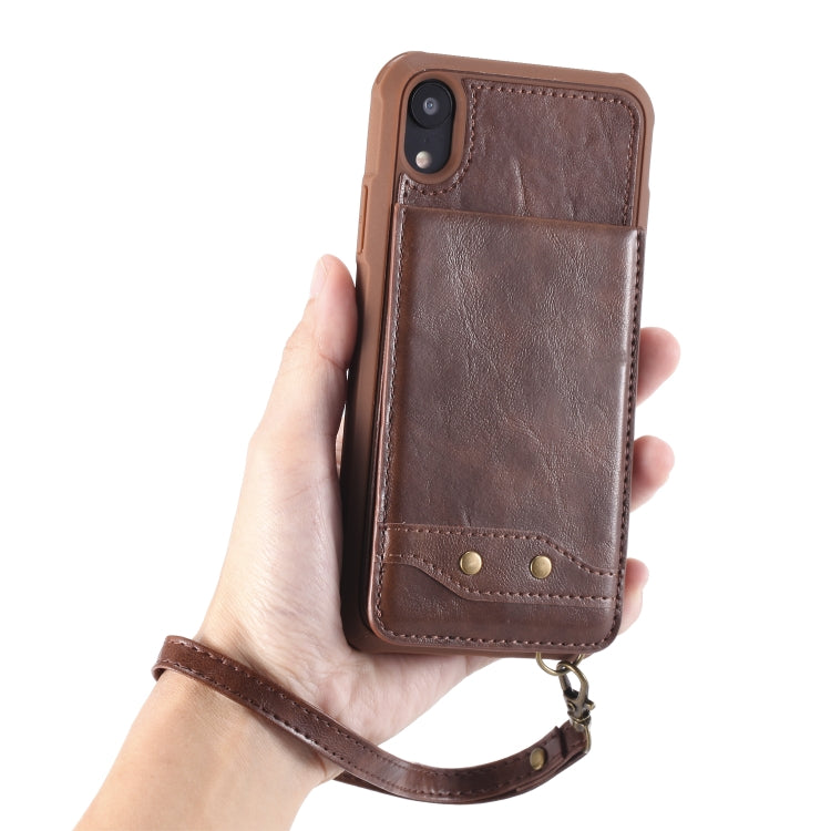 For iPhone XR Vertical Flip Shockproof Leather Protective Case with Short Rope, Support Card Slots & Bracket & Photo Holder & Wallet Function