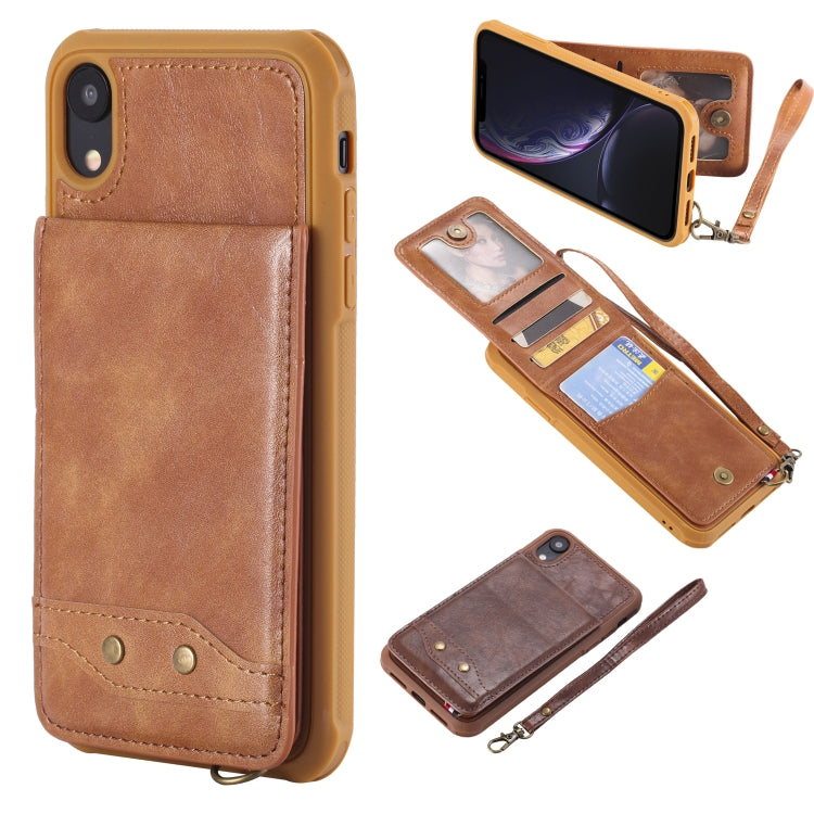 For iPhone XR Vertical Flip Shockproof Leather Protective Case with Short Rope, Support Card Slots & Bracket & Photo Holder & Wallet Function
