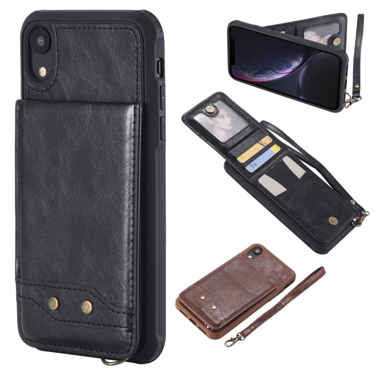 For iPhone XR Vertical Flip Shockproof Leather Protective Case with Short Rope, Support Card Slots & Bracket & Photo Holder & Wallet Function