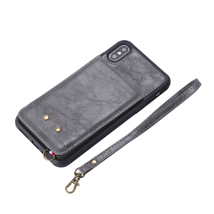 For iPhone XS Max Vertical Flip Shockproof Leather Protective Case with Short Rope, Support Card Slots & Bracket & Photo Holder & Wallet Function
