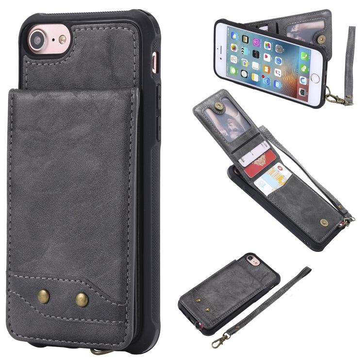 For iPhone SE 2022 / SE 2020 / 8 / 7 Vertical Flip Shockproof Leather Protective Case with Short Rope, Support Card Slots & Bracket & Photo Holder & Wallet Function