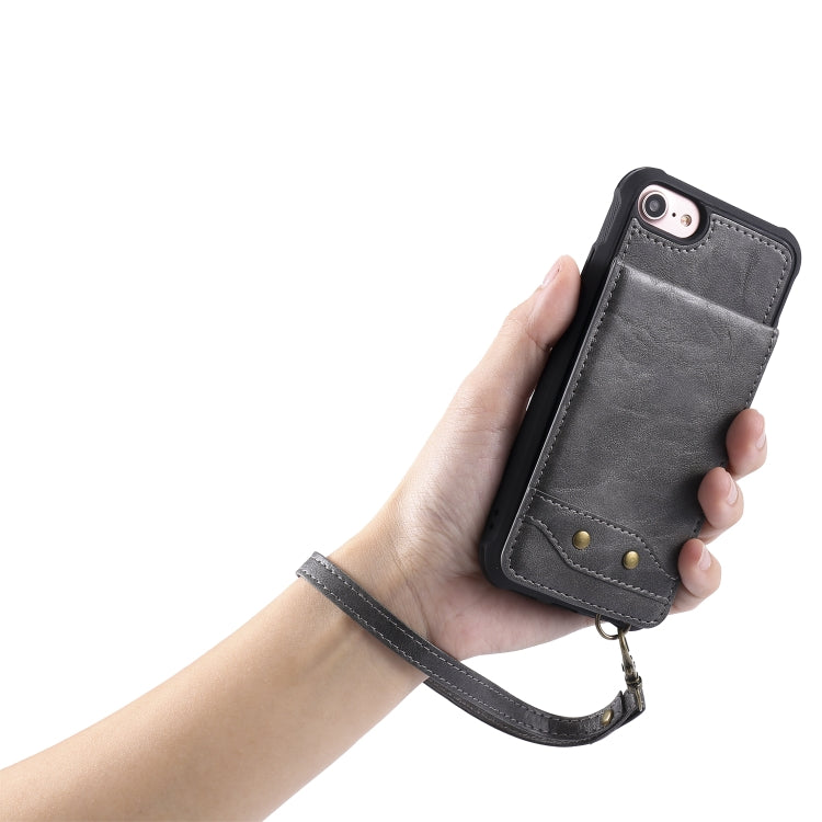 For iPhone SE 2022 / SE 2020 / 8 / 7 Vertical Flip Shockproof Leather Protective Case with Short Rope, Support Card Slots & Bracket & Photo Holder & Wallet Function