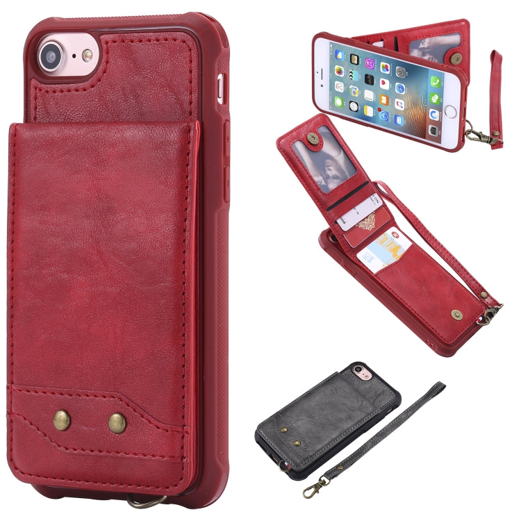 For iPhone SE 2022 / SE 2020 / 8 / 7 Vertical Flip Shockproof Leather Protective Case with Short Rope, Support Card Slots & Bracket & Photo Holder & Wallet Function