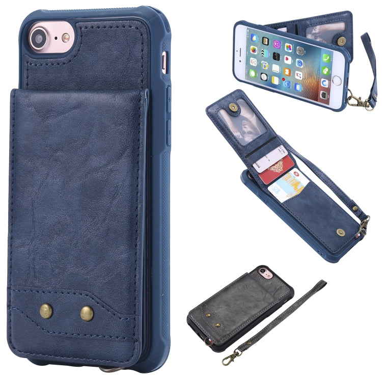 For iPhone SE 2022 / SE 2020 / 8 / 7 Vertical Flip Shockproof Leather Protective Case with Short Rope, Support Card Slots & Bracket & Photo Holder & Wallet Function