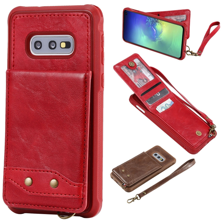 For Galaxy S10e Vertical Flip Shockproof Leather Protective Case with Short Rope, Support Card Slots & Bracket & Photo Holder & Wallet Function